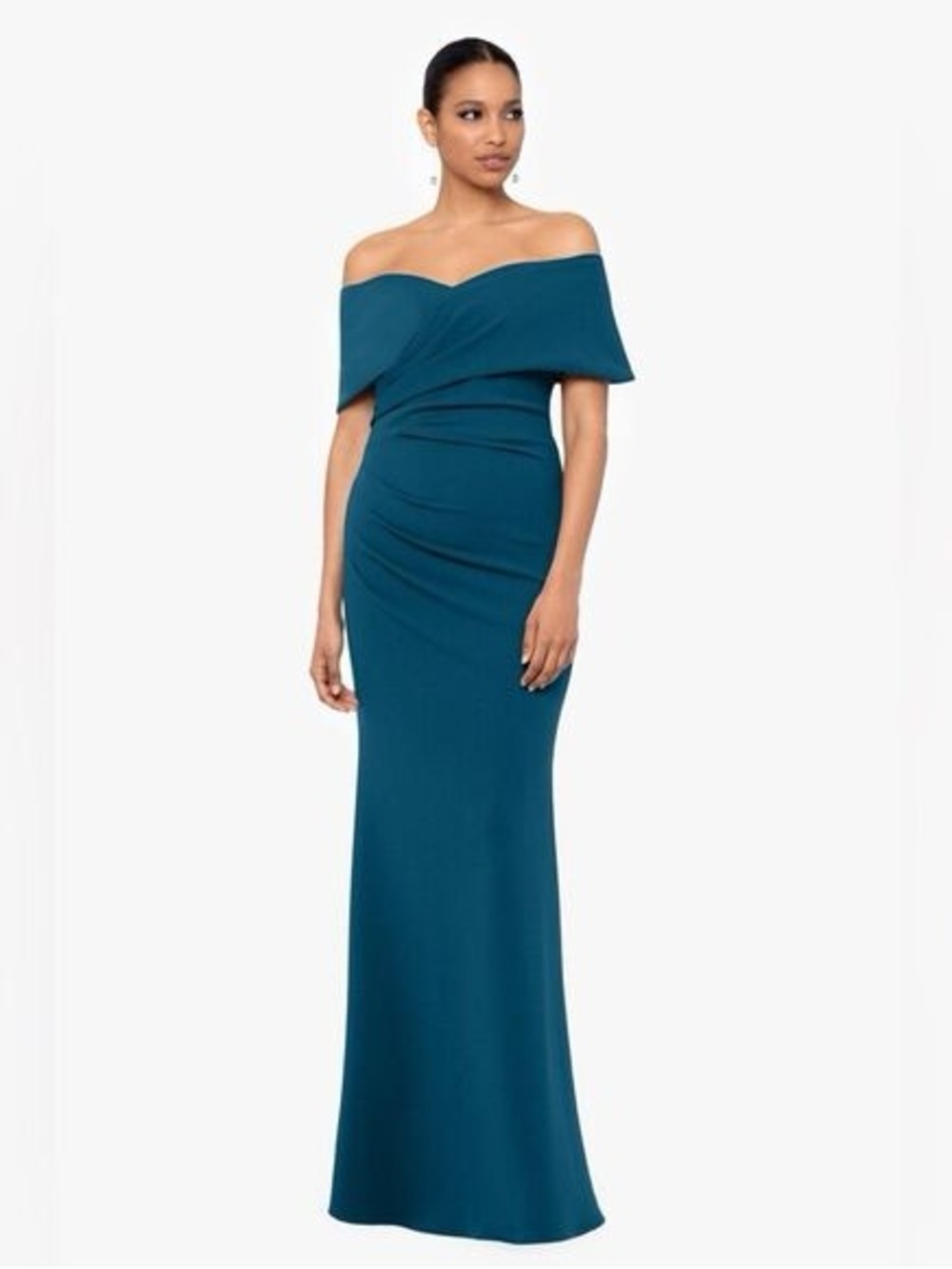 Betsy & Adam Off-Shoulder Teal Gown